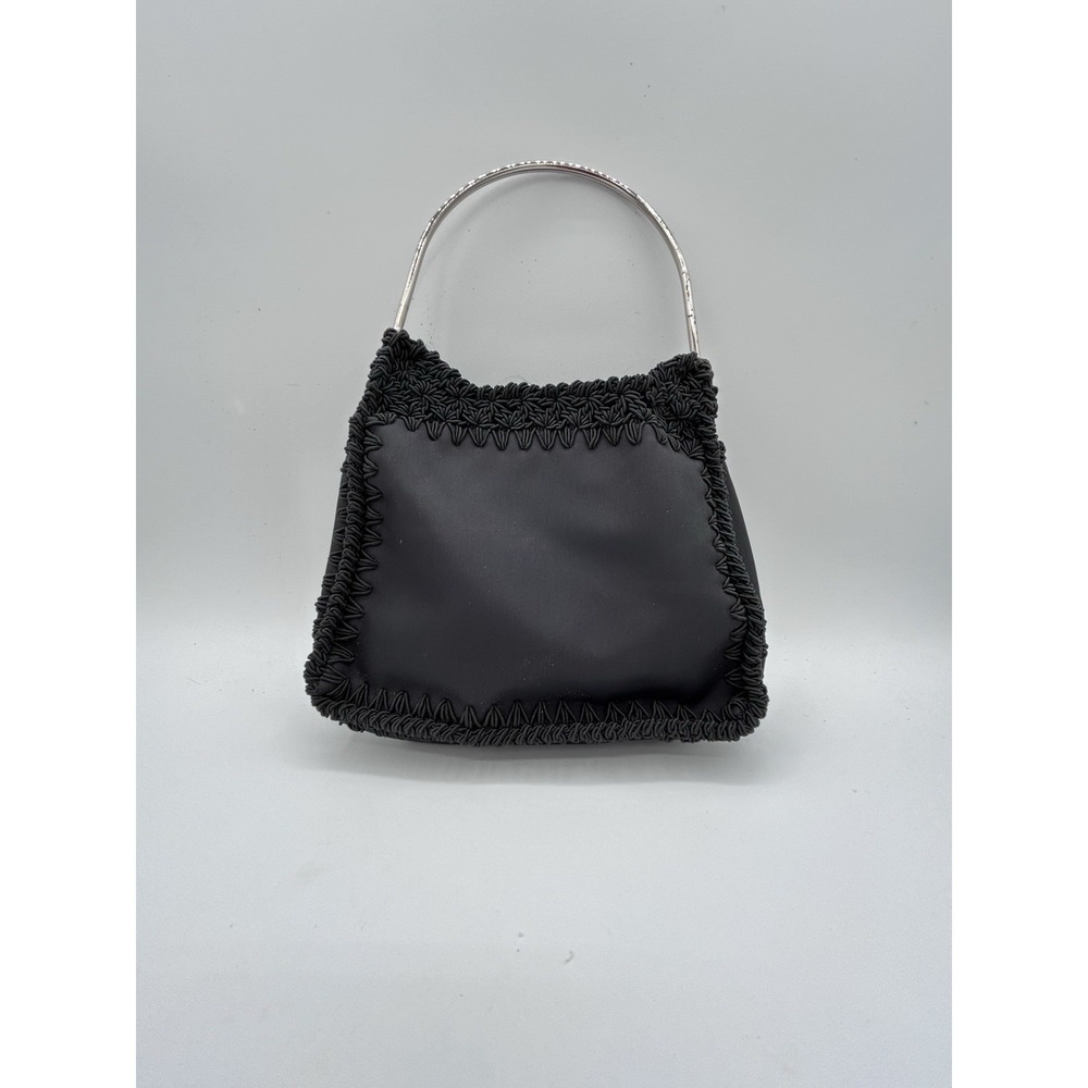 Vintage Black Handbag Purse Silver Tone Metal Handle Ruched Trim Y2K Minimalist